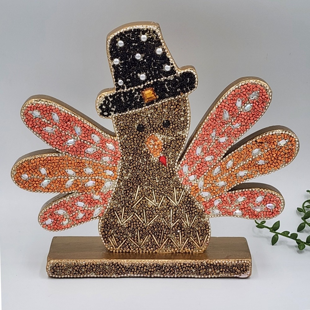 Beaded Thanksgiving Turkey Tabletop Sign Wood Figurine Gold Orange Brown 8" NEW